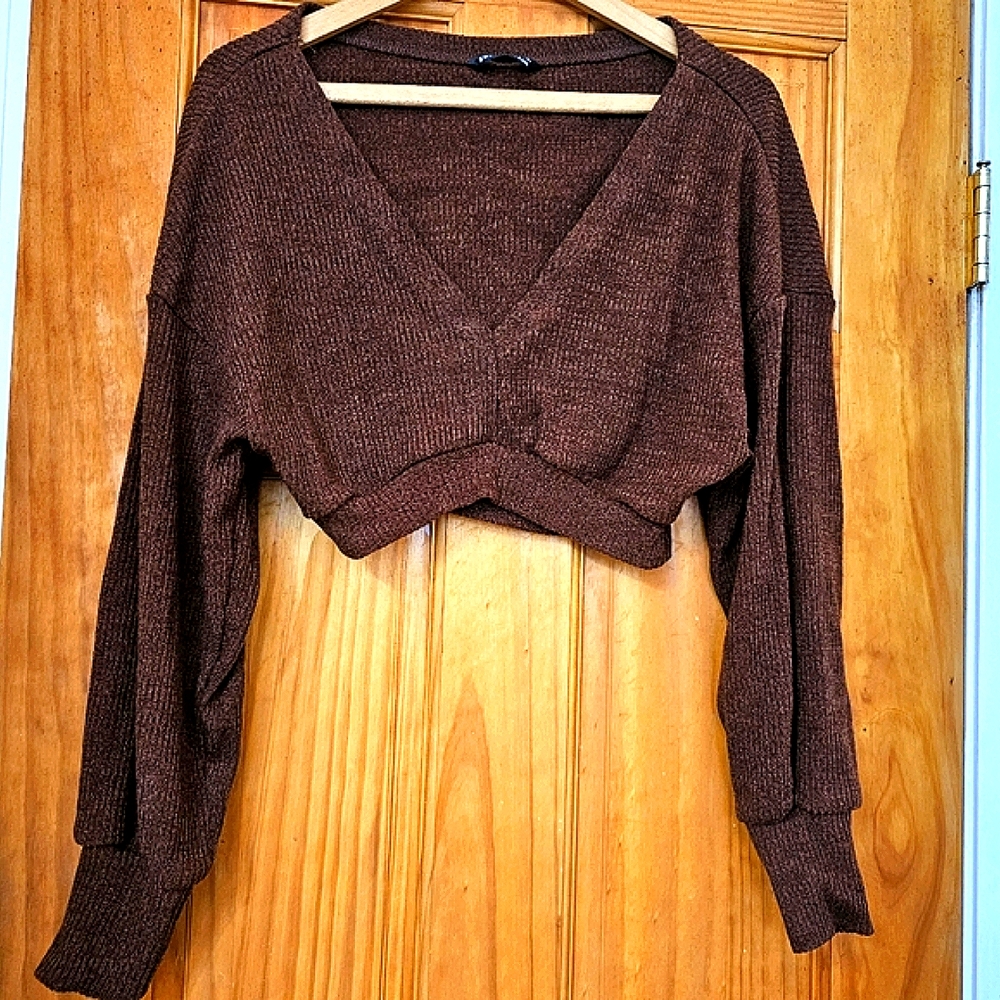 Shein Women's Brown Ribbed V-neck Long-Sleeve Cropped Sweater Top, Size S